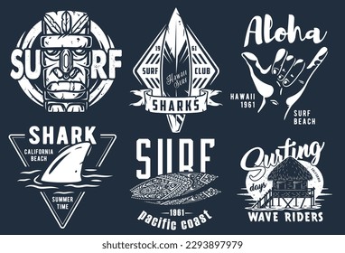 Summer surfing print set with surfer on wave. shaka, tiki mask and surfboard. Vector colored t-shirt hawaii apparel design