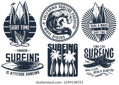 Summer surfing print set with surfer on wave. shaka, tiki mask and surfboard. Vector colored t-shirt hawaii apparel design