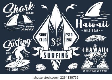 Summer surfing print set with surfer on wave. shaka, tiki mask and surfboard. Vector colored t-shirt hawaii apparel design