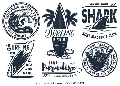 Summer surfing print set with surfer on wave. shaka, tiki mask and surfboard. Vector colored t-shirt hawaii apparel design