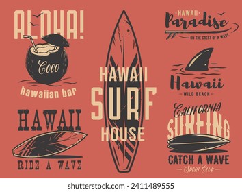 Summer surfing print set. Vector graphic surf collection. Retro apparel design 70s for beach shirt
