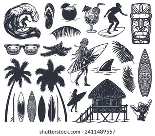 Summer surfing print set. Vector graphic surf collection. Monochrome apparel design for beach shirt