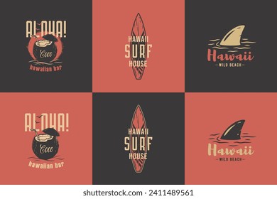 Summer surfing print set. Vector graphic surf collection. Retro apparel design 70s for beach shirt