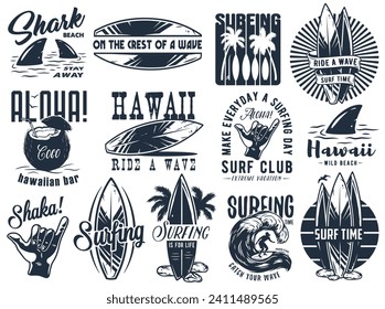 Summer surfing print set. Vector graphic surf collection. Monochrome apparel design for beach shirt