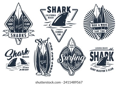 Summer surfing print set. Vector graphic surf collection. Monochrome apparel design for beach shirt