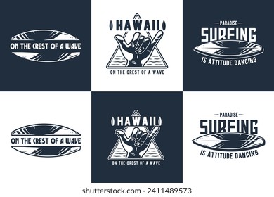 Summer surfing print set. Vector graphic surf collection. Monochrome apparel design for beach shirt