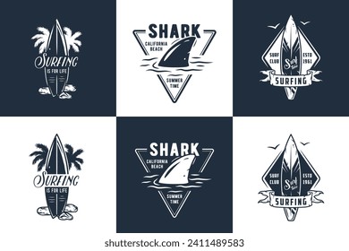 Summer surfing print set. Vector graphic surf collection. Monochrome apparel design for beach shirt