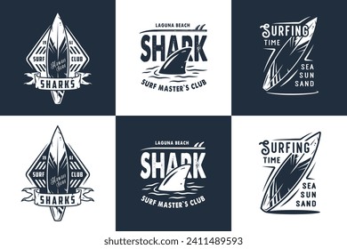 Summer surfing print set. Vector graphic surf collection. Monochrome apparel design for beach shirt