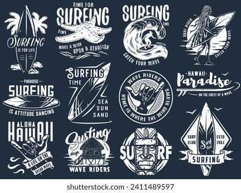 Summer surfing print set. Vector graphic surf collection. Monochrome apparel design for beach shirt