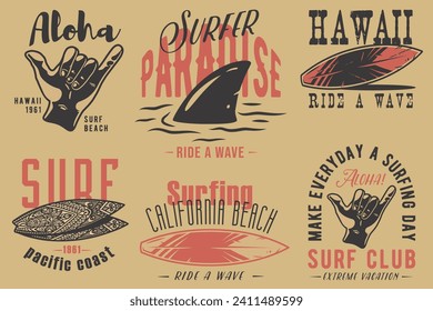 Summer surfing print set. Vector graphic surf collection. Retro apparel design 70s for beach shirt