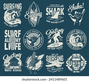 Summer surfing print set. Vector graphic surf collection. Monochrome apparel design for beach shirt