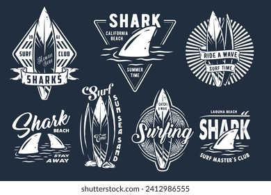 Summer surfing print set. Vector graphic surf collection. Monochrome apparel design for beach shirt