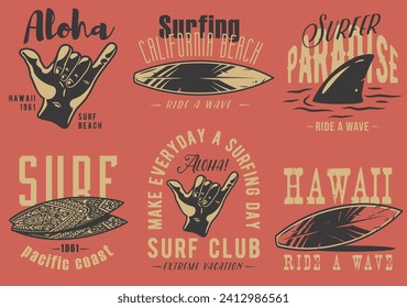 Summer surfing print set. Vector graphic surf collection. Retro apparel design 70s for beach shirt