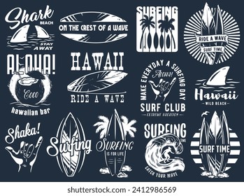 Summer surfing print set. Vector graphic surf collection. Monochrome apparel design for beach shirt