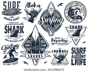 Summer surfing print set. Vector graphic surf collection. Monochrome apparel design for beach shirt