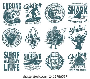 Summer surfing print set. Vector graphic surf collection. Monochrome apparel design for beach shirt