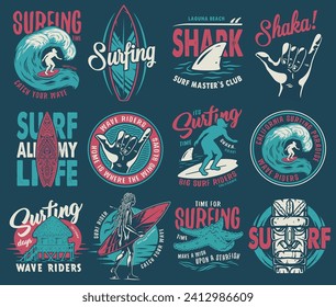 Juego de impresión de surf de verano. Colección de surf gráfica vectorial. Diseño de ropa retro años 70 para camisetas de playa