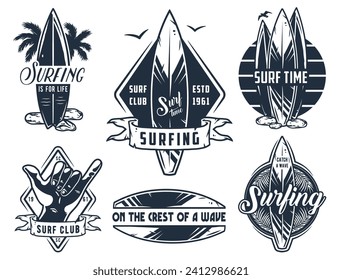 Summer surfing print set. Vector graphic surf collection. Monochrome apparel design for beach shirt