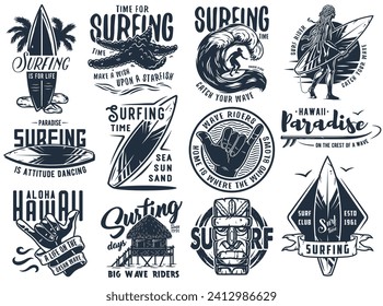 Summer surfing print set. Vector graphic surf collection. Monochrome apparel design for beach shirt