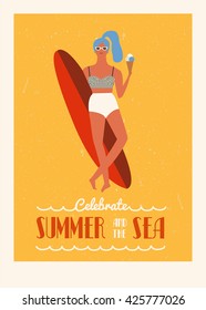 Summer surfing quote poster. Art deco miami style poster. 