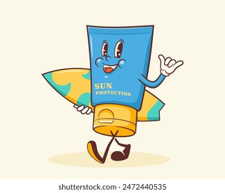 Summer Surfing Retro Cartoon Characters Label. Groovy Surf Board, Sun Screen Cream Illustrations. Beach Personage Walking Smiling Vintage Vector Drawings Logo. Isolated