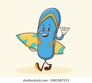 Summer Surfing Retro Cartoon Characters Label. Groovy Surf Board, Flip Flops Slippers Illustrations. Beach Personage Walking Smiling Vintage Vector Drawings Logo. Isolated