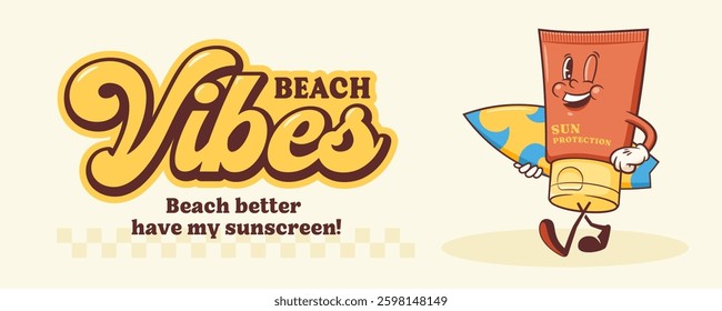 Summer Surfing Retro Cartoon Characters Label. Groovy Surf Board, Sun Screen Cream Illustrations. Beach Personage Walking Smiling Vintage Vector Drawings Logo. Isolated