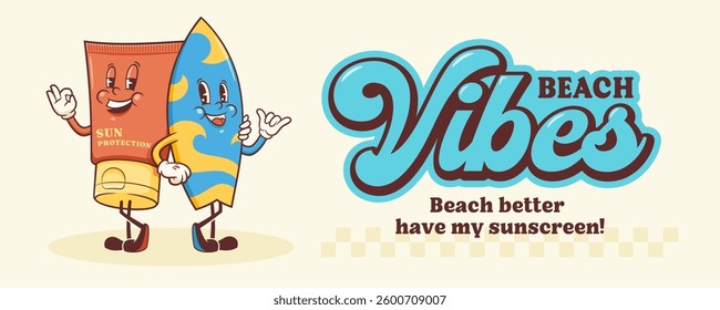 Summer Surfing Retro Cartoon Characters Label. Groovy Surf Board, Sun Screen Cream Illustrations. Beach Personage Walking Smiling Vintage Vector Drawings Logo. Isolated