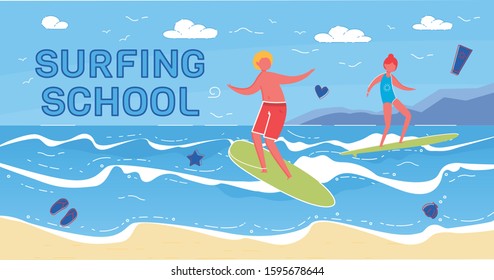 Summer Surfing School for People Who Want to Learn How to Surf or Improve Existing Skills. Lessons for Amateurs. Active Summer Hobby. Boy and Girl, Surfing on Perfect Waves. Flat Vector Banner.