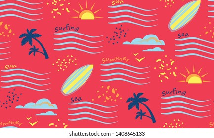 Summer surfing seamless pattern with colorful lettering, surfboards, sun, waves, clouds, palms on red background. Bright tropical vector texture for textile, art print, wallpaper, wrapping paper, card