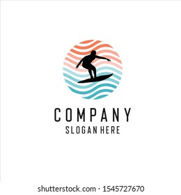 Summer surfing sports vector logos collection with surfer, surf board and ocean wave,  logo design inspiration