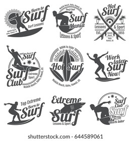 Summer surfing sports vector logos collection with surfer, surf board and ocean wave.