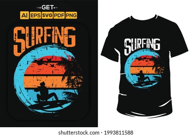 Summer surfing and stylish typography t-shirt and apparel trendy design with palm trees silhouettes, sunset, colorful, print, vector illustration. Beach t shirt with grunge texture.