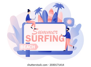 Summer Surfing - text on laptop screen. Surf Club or Shop. Tiny people surfers with surfboards go the beach, sea or ocean. Modern flat cartoon style. Vector illustration on white background