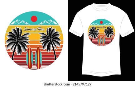 Summer Surfing Time T-shirt Design, Typography vector illustration, and colorful design on white background.