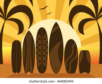 Summer surfing travel landscape. Different surfboard silhouettes standing on tropical beach sunset scene. Various silhouette surfboards on seashore side. Surfing time concept vector illustration.