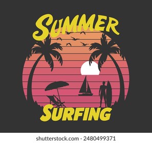 Summer surfing T-shirt design. Summer t-shirt design vector for t-shirt print and other uses. summer beach and sunset vector graphic for t shirt
