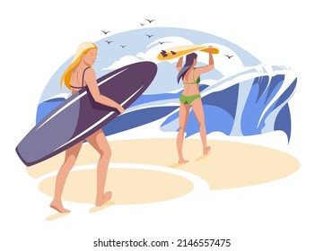 Summer surfing. Two young women go to the beach with surfboards on a background of large ocean waves.Flat vector illustration for summer sports activities and sea recreation hobbies