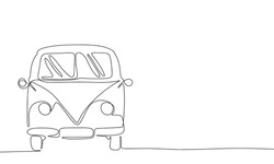 Summer Surfing Van One Line Continuous. Van Concept Banner. Line Art Outline Vector Illustration Isolated On White Background.