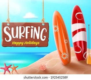 Summer surfing vector banner design. Surfing happy holidays text for fun outdoor sport activity with elements like surfboard in beach background for enjoy tropical season vacation. Vector illustration