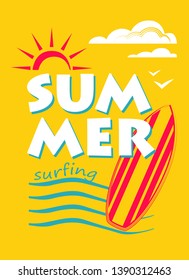 Summer surfing vector banner with lettering and ocean beach elements - surfing boards, sun, waves, clouds on yellow background. Simple bright geometric style for T-shirt and art print, cards, posters.