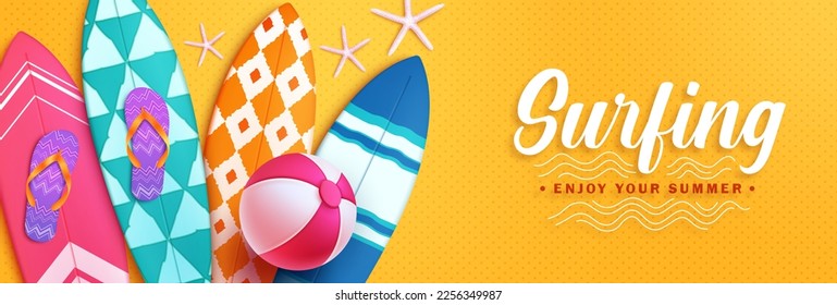 Summer surfing vector design. Surfing enjoy your summer text with colorful surfboard beach elements. Vector illustration summer surfing banner background. 
