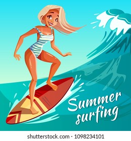 Summer surfing vector illustration of girl or young woman surfer at board on ocean wave. Cartoon poster for summer sport activity and sea leisure hobby