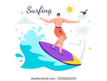 Ilustración vectorial de surf de verano de actividades deportivas acuáticas, con tablas de surf montando olas del océano o flotando en un fondo de dibujos animados de estilo plano