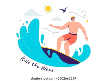 Ilustración vectorial de surf de verano de actividades deportivas acuáticas, con tablas de surf montando olas del océano o flotando en un fondo de dibujos animados de estilo plano