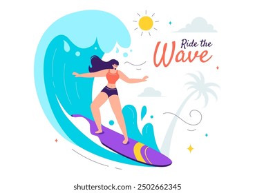 Ilustración vectorial de surf de verano de actividades deportivas acuáticas, con tablas de surf montando olas del océano o flotando en un fondo de dibujos animados de estilo plano