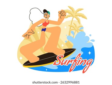 Summer Surfing Vector Illustration of Water Sports Activities, Featuring Surfboards Riding Ocean Waves or Floating in a Flat Style Cartoon Background