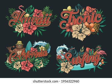 Summer surfing vintage colorful labels with pink flamingos pineapples funny bear surfer surfboard exotic leaves and flowers man riding wave in coconut with straw isolated vector illustration