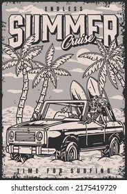 Summer Surfing Vintage Monochrome Flyer Skeleton Driving Car Heading For Outdoor Recreation With Sea Waves Riding Vector Illustration