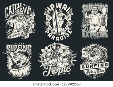 Summer surfing vintage monochrome logos with men pretty women and funny bear surfers surfboards pineapple tropical flowers and leaves isolated vector illustration